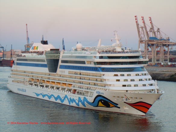 Cruiseship MV AIDAluna (2,030 berths, built at Meyer Werft in 2009) at Hamburg Cruise Terminal in May 2014